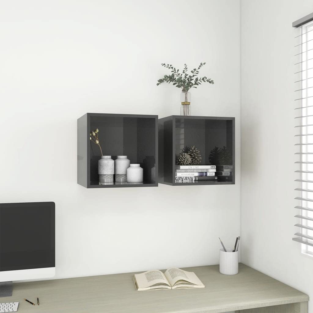 2 Pack Wall Mounted Storage Cabinet - Floating Shelves for Bedroom, Bathroom & Living Room - High Gloss Gray Hanging Locker (14.6