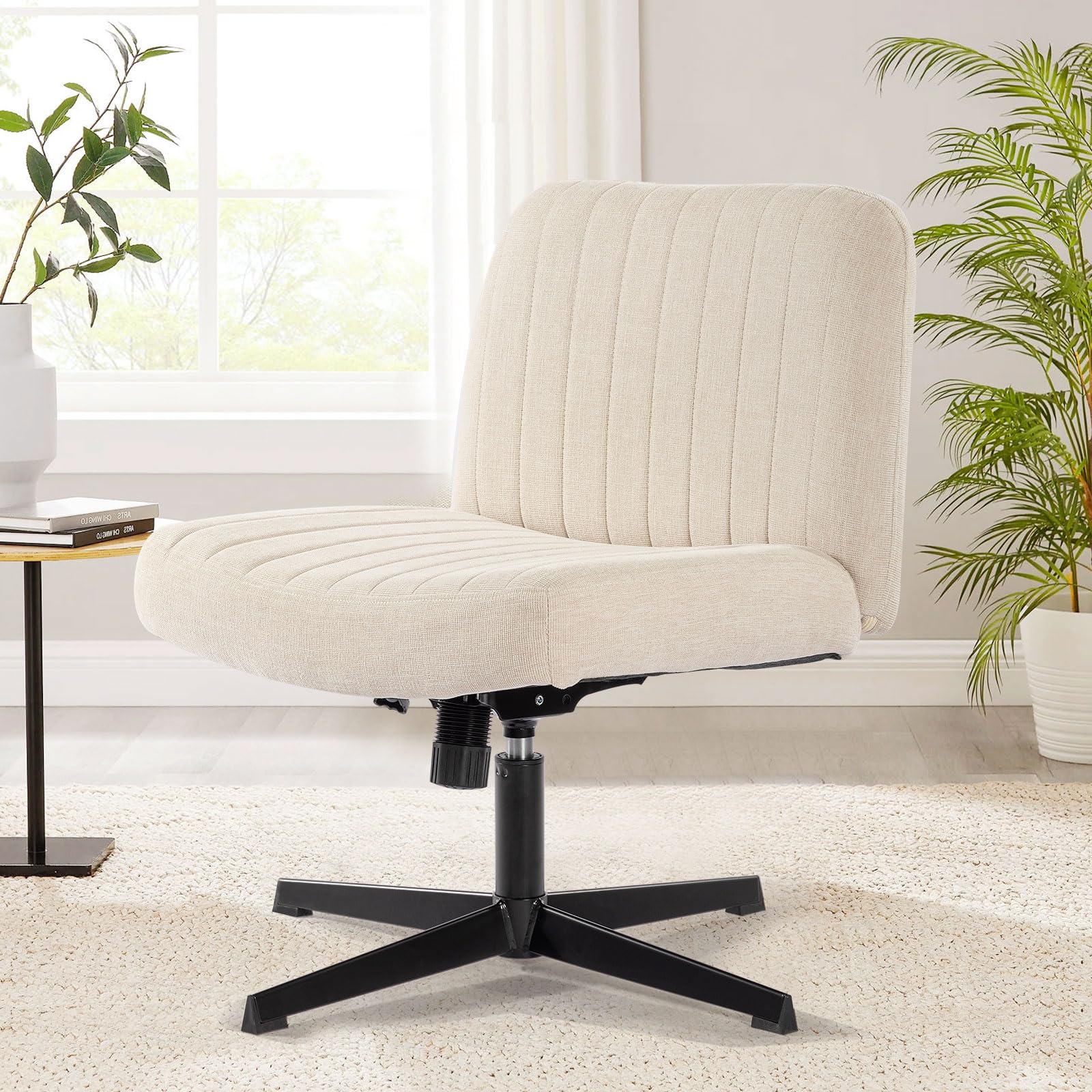 Criss Cross Chair No Wheels - Vanity Chair Without Back, Armless Makeup Stool, Wide Adjustable Height Desk Chair for Cross Legged Sitting - Beige Seat for Home Office, Beauty Salon & Dressing Room