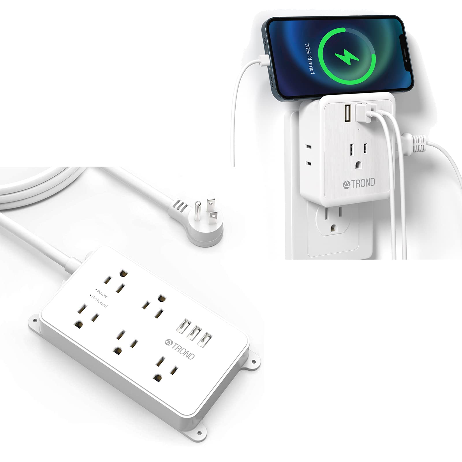 TROND 10ft 5-Outlet Power Strip with 3 USB Ports & Phone Stand - Multi Plug Extender, Wall Charger for Home, Office, Travel - Charge Phones, Tablets, Laptops & More