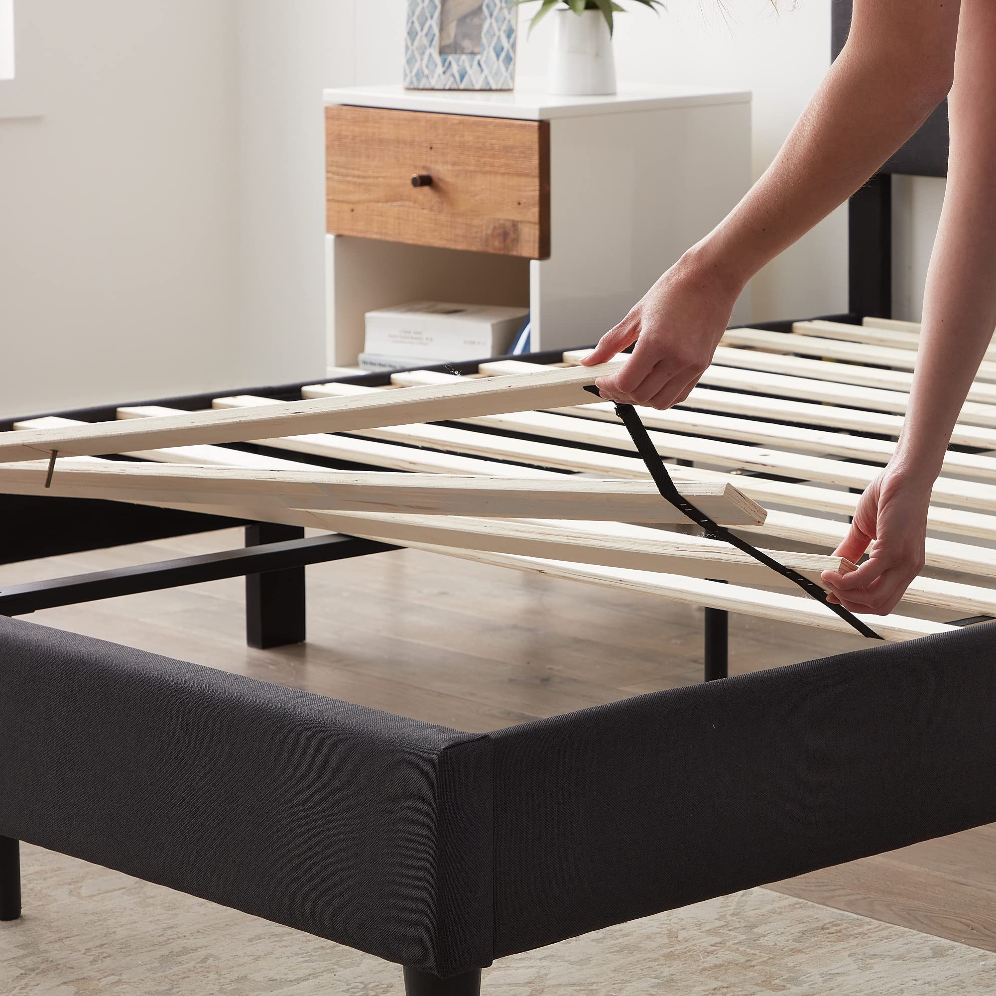 LUCID Full Size Upholstered Platform Bed Frame with Headboard - No Box Spring Needed - Charcoal Grey - Modern Bedroom Furniture for Small Spaces & Guest Rooms