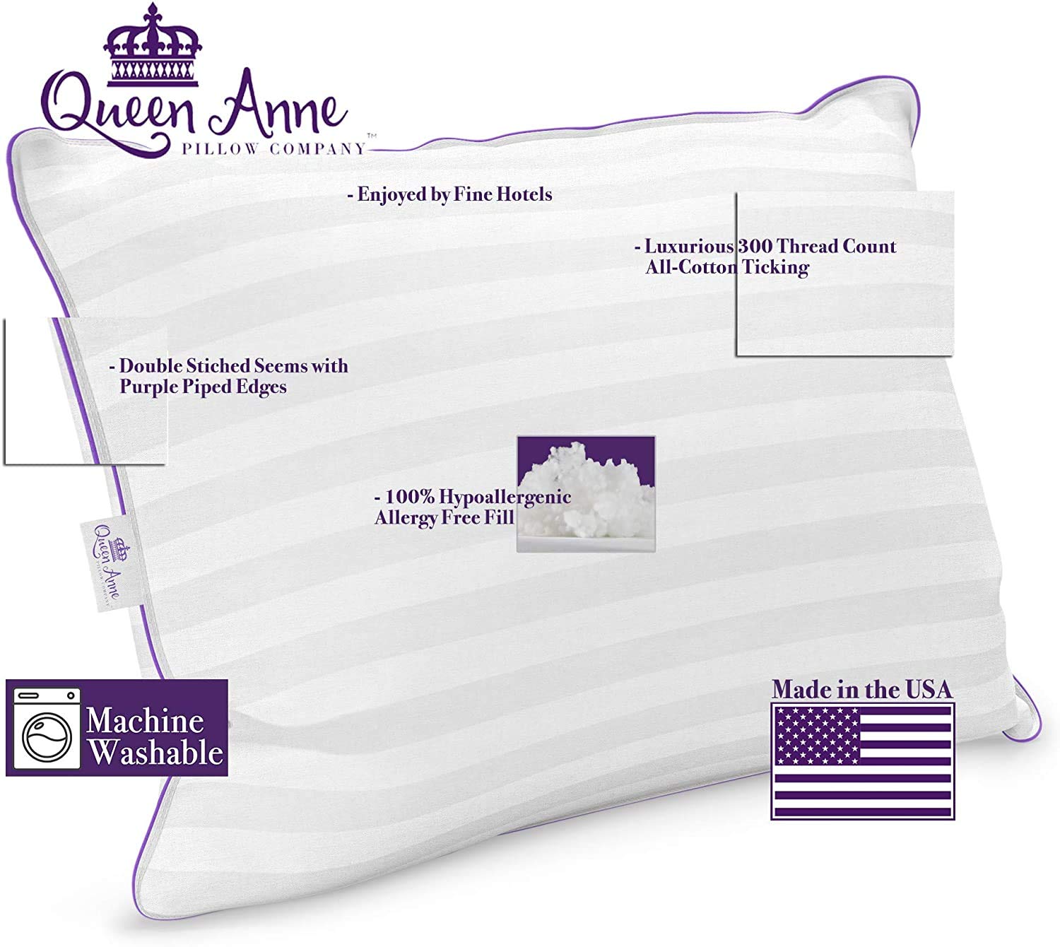 Queen Anne Luxury Hotel Down Alternative Pillow - Hypoallergenic Synthetic Majesty Down Bed Pillow - Made in USA (King Medium) - Perfect for Allergy Sufferers & Luxury Hotel-Style Comfort at Home