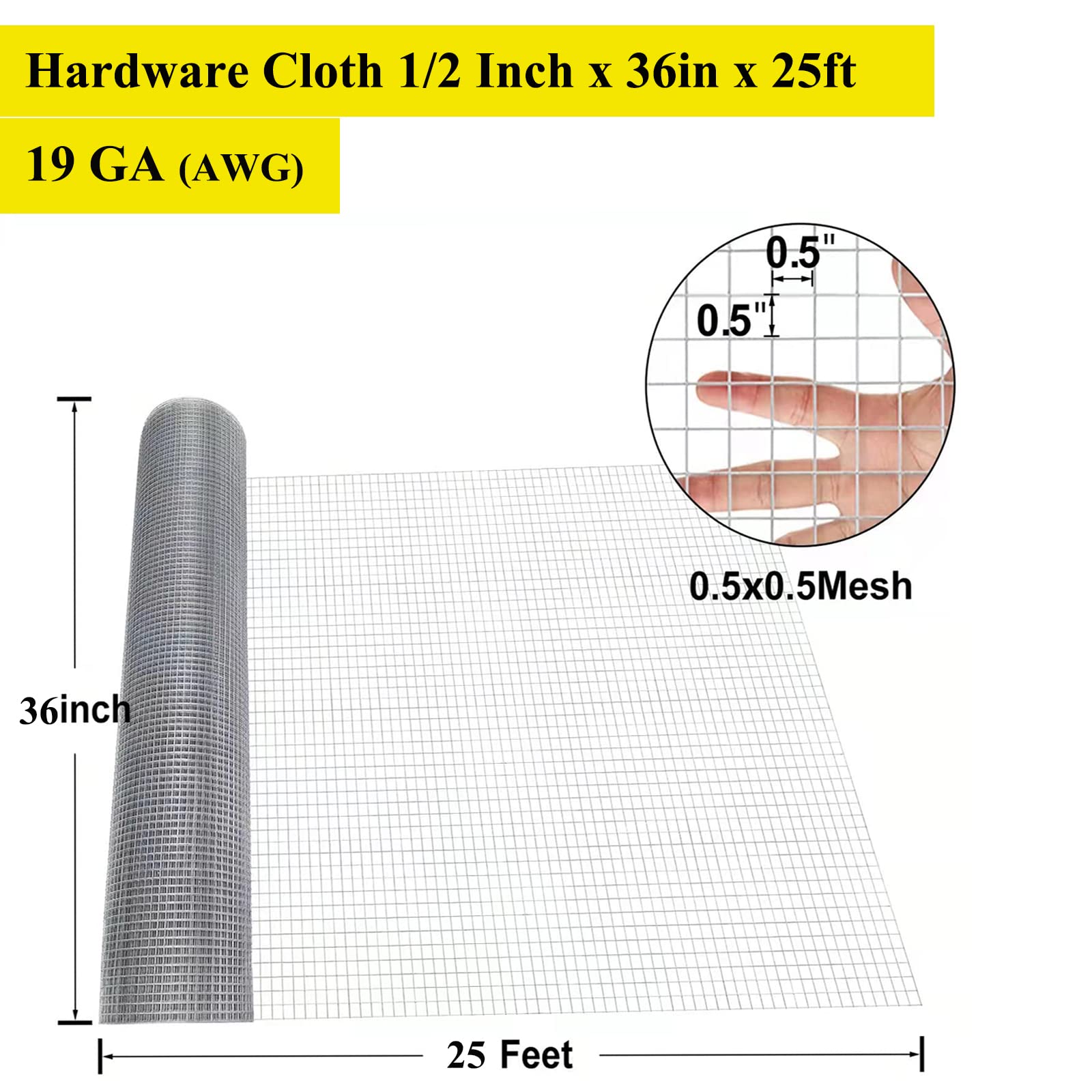 1/2 Inch Galvanized Chicken Wire Mesh Roll - 19 Gauge 36