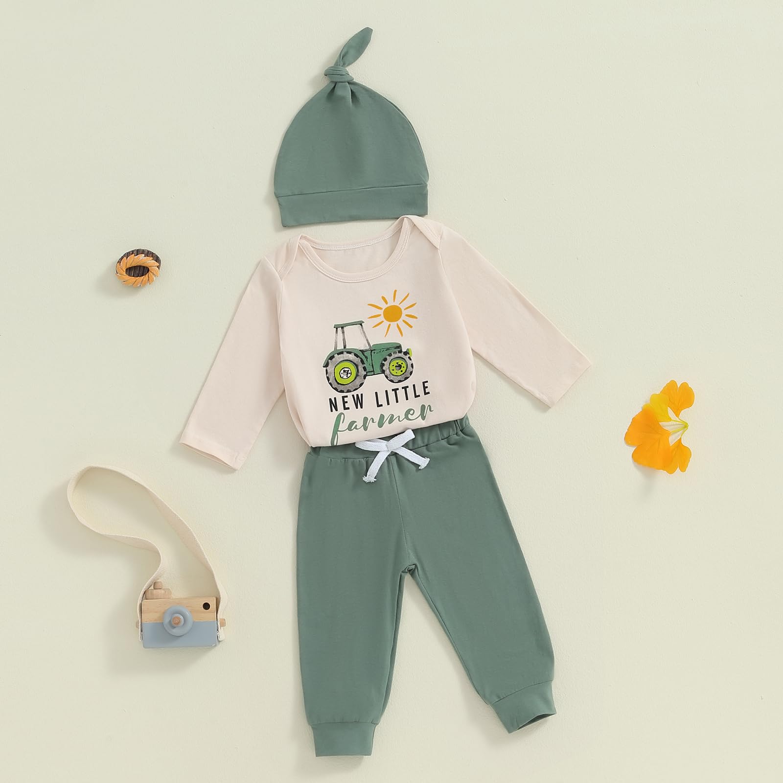 YOKJZJD 3-Piece Newborn Baby Boy Outfit Set - Farm Theme Long Sleeve Romper with Pants & Hat | Perfect Coming Home & Fall Photoshoot Outfit | Adorable Farmer Look for Infants