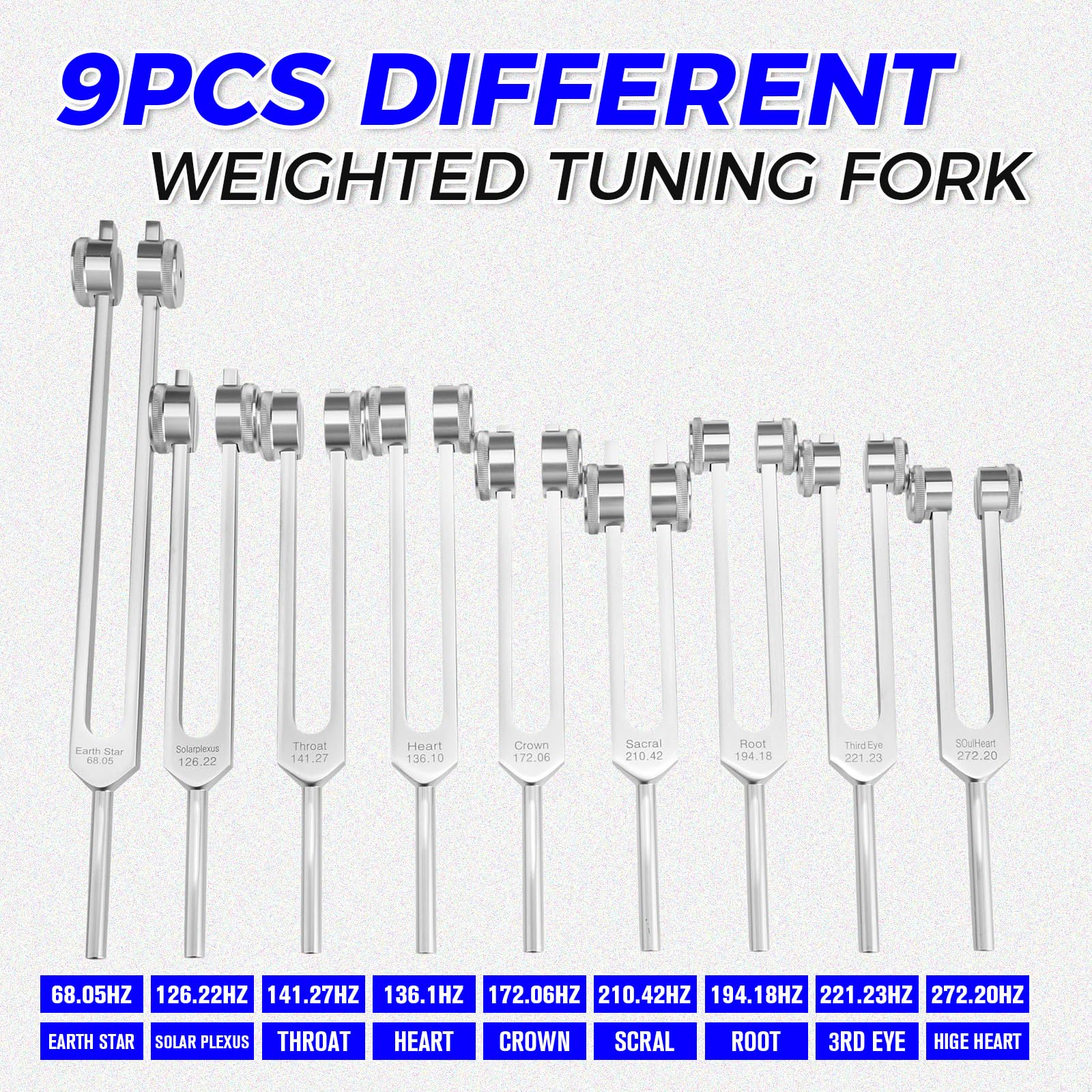 9-Piece Silver Chakra Weighted Tuning Forks Set for Energy Healing & Sound Therapy - 8 Chakra + 1 Soul Purpose Solfeggio Forks with Carrying Bag & Hammer - Perfect for Meditation, Reiki, Yoga, and Holistic Wellness Practices