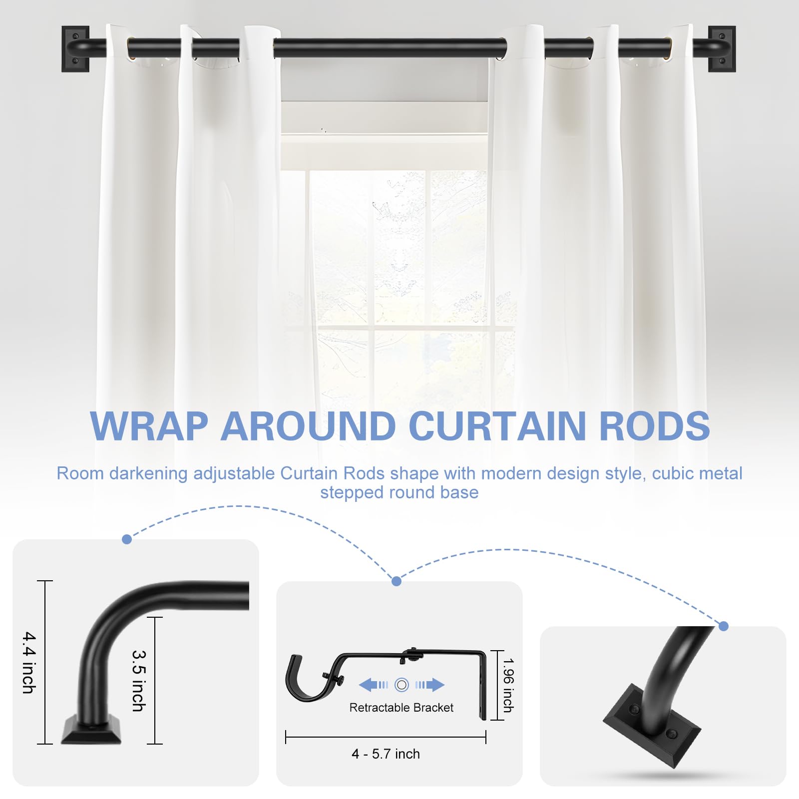 Blackout Heavy Duty Adjustable Curtain Rods 2 Pack - 28-48 Inch Matte Black French Curved Metal Drapery Rods for Bedroom & Kitchen - Easy Install Modern Decorative Window Treatment for Home & Office