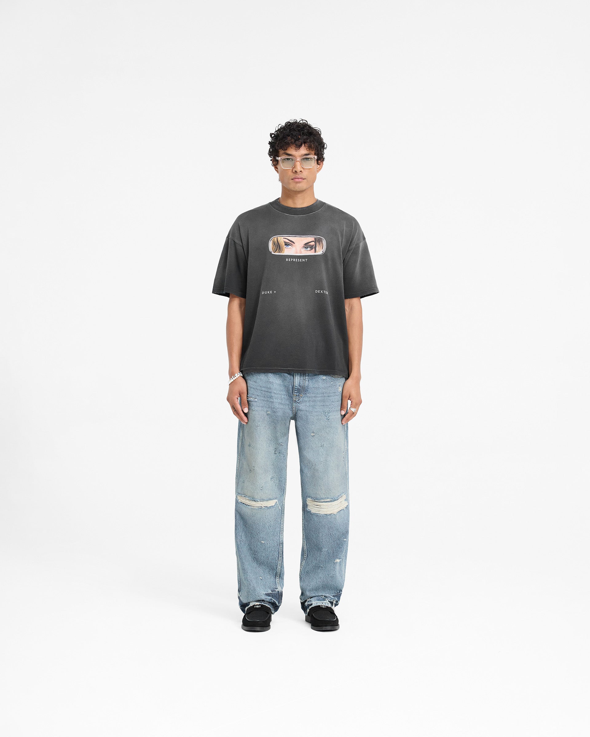 Represent X Duke + Dexter Rearview Mirror Graphic T-Shirt - Stained Black | Vintage Inspired Streetwear for Casual Outfits & Urban Fashion