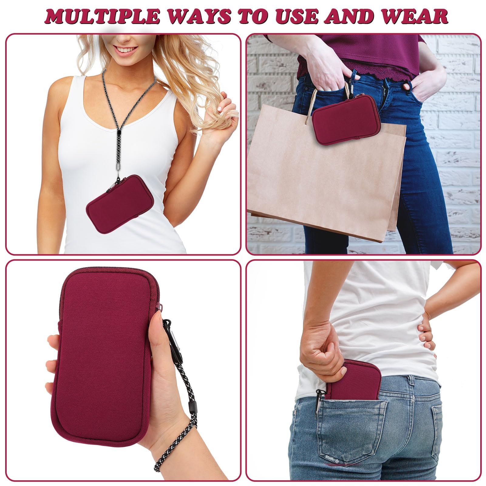 Universal Shockproof Neoprene Phone Pouch with Carabiner & Lanyard - Durable Phone Sleeve Case for iPhone, Samsung & Smartphones up to 7 Inches (Wine Red) - Perfect for Hiking, Travel, Outdoor Adventures & Daily Commute