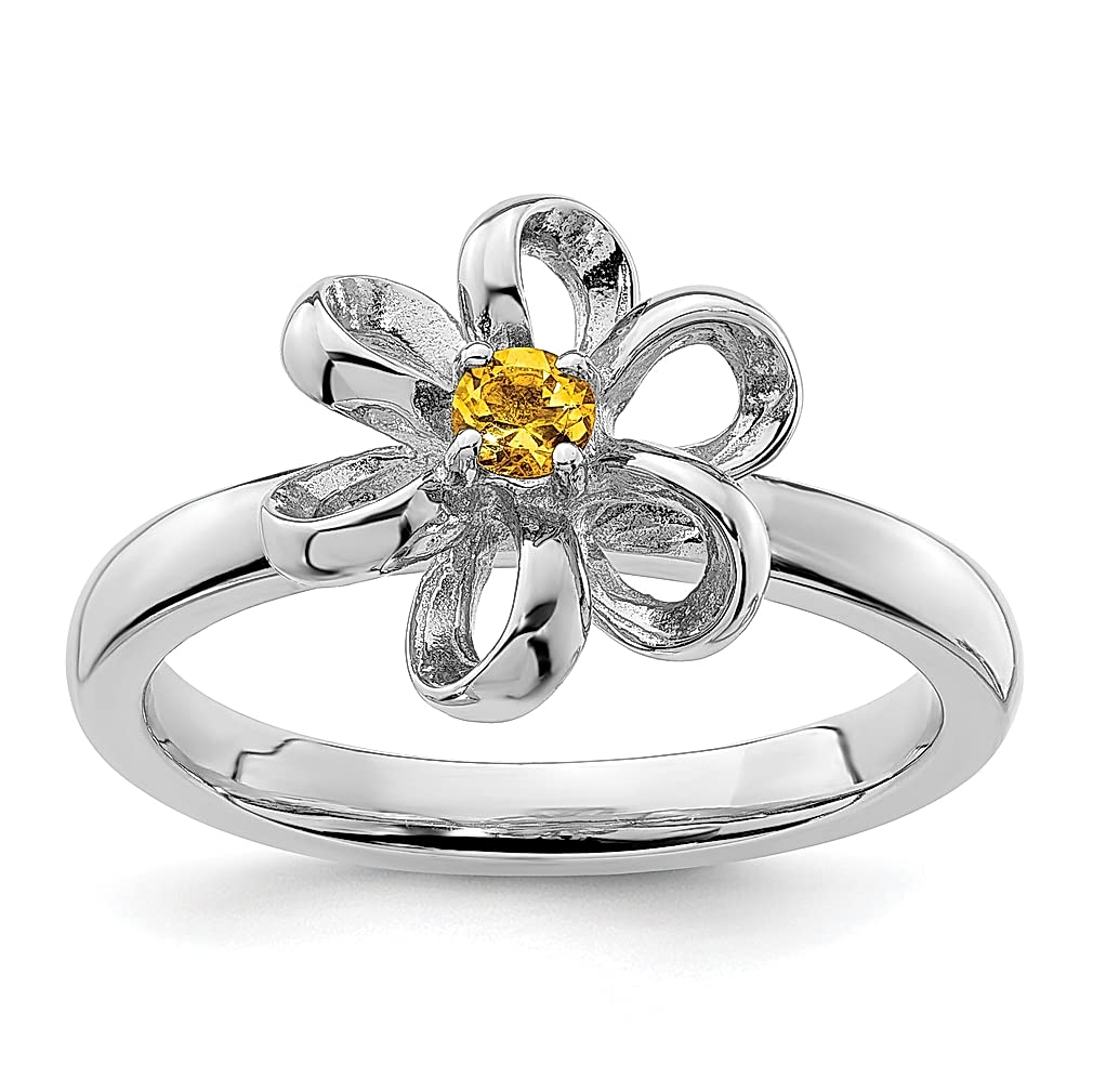925 Sterling Silver Yellow Citrine Flower Band Ring - November Birthstone Gemstone, Leaf Design Stackable Fine Jewelry for Women - Perfect Gift for Her, Ideal for Everyday Wear, Special Occasions & Stacking with Other Rings