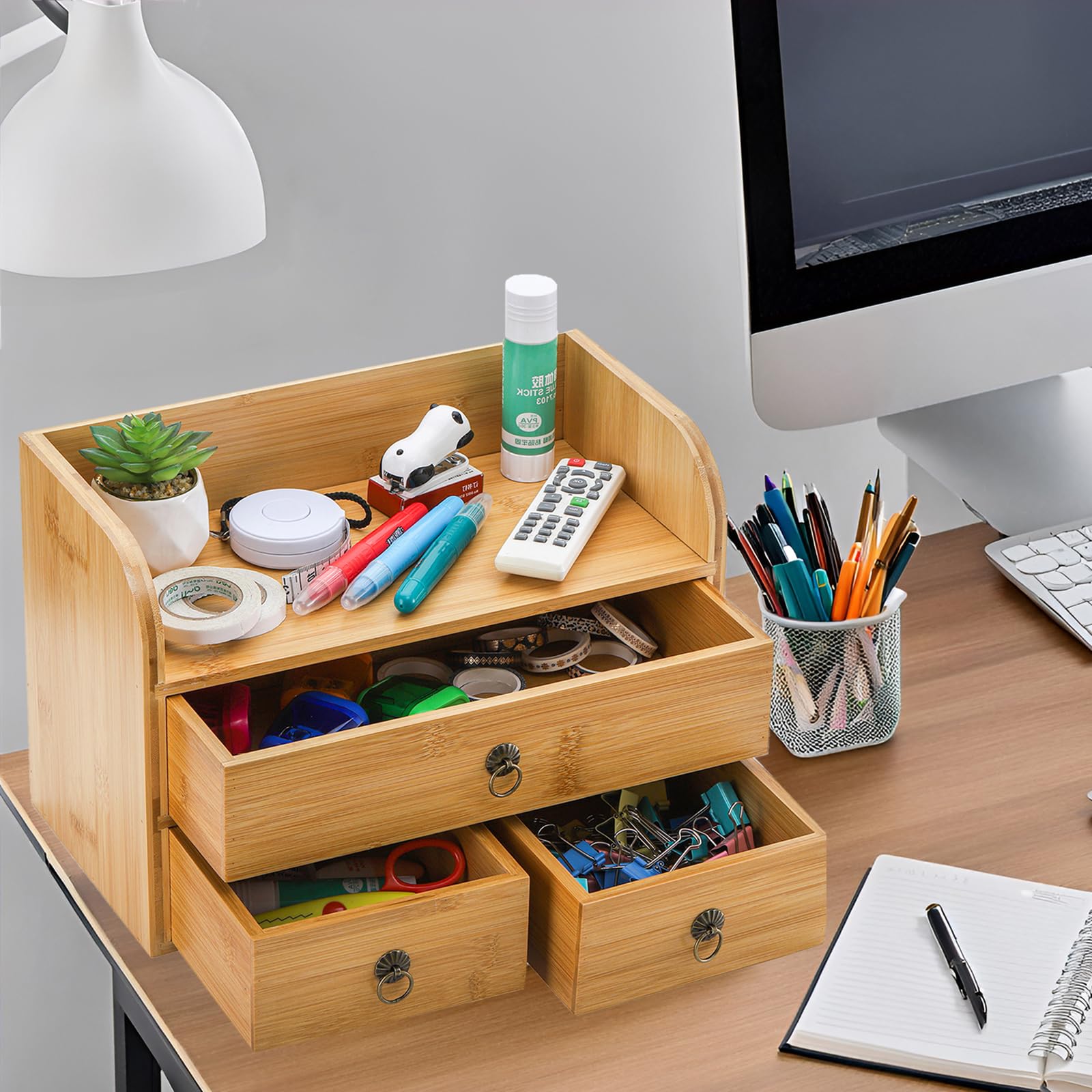 Nicunom 3-Tier Bamboo Desk Organizer with Drawers - Multifunctional Tabletop Storage for Office, Home & Vanity - Perfect for Organizing Stationery, Toiletries & Beauty Supplies (Home Office & Bathroom Organization)