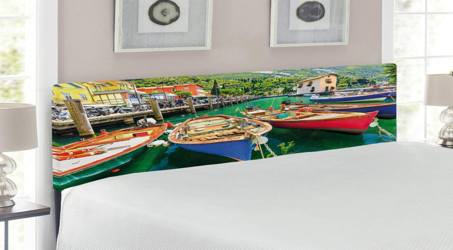 Ambesonne Italy Headboard - Summer Landscape & Wooden Boats on Lake Garda Torbole Town Fishing Maritime - Upholstered Decorative Metal Bed Headboard with Memory Foam - King Size Multicolor - Perfect for Bedroom Makeover & Coastal Theme Decor