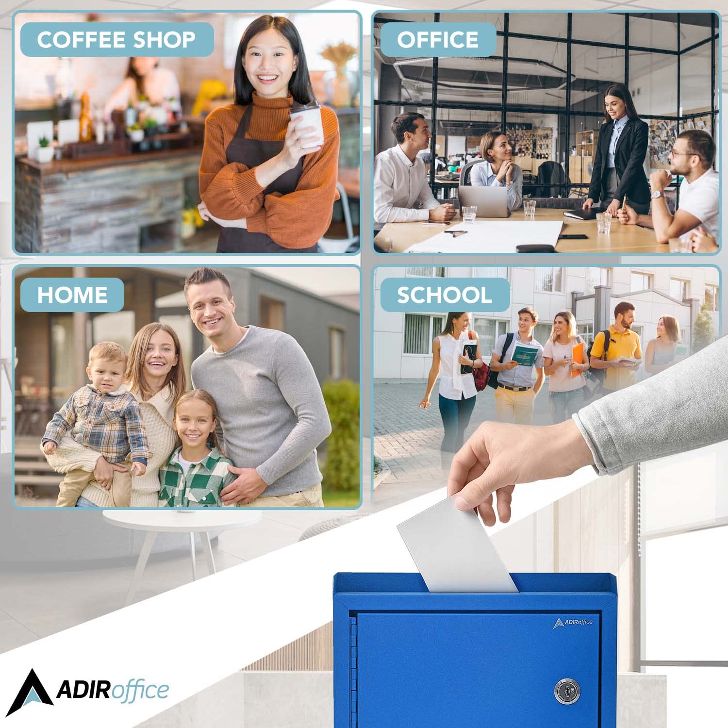 Adir Corp Locking Suggestion Box with Slot - 9.8x7.5x3.4 Inch Wall Mount Metal Deposit Box for Cash, Donations & Feedback - Secure Drop Box for Offices, Retail Stores & Public Spaces (Blue)