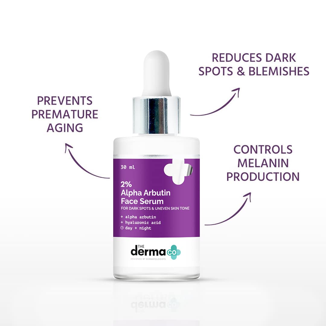 The Derma Co 2% Alpha Arbutin Face Serum for Dark Spots & Hyperpigmentation Treatment | Brightening Serum for Uneven Skin Tone with Hyaluronic Acid | Reduces Melanin Production for Radiant Glow | Vegan & Cruelty-Free Skincare (30ml) | Perfect for Daily Use & Nighttime Skincare Routine
