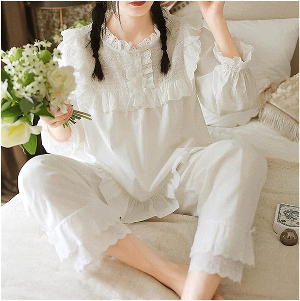 Women's Long Sleeve Lace Ruffle Pajama Set - Soft Cotton Sleepwear with Tops & Pants for Home & Lounge (White, Small) | Perfect for Sleepovers, Relaxing Evenings & Cozy Nights
