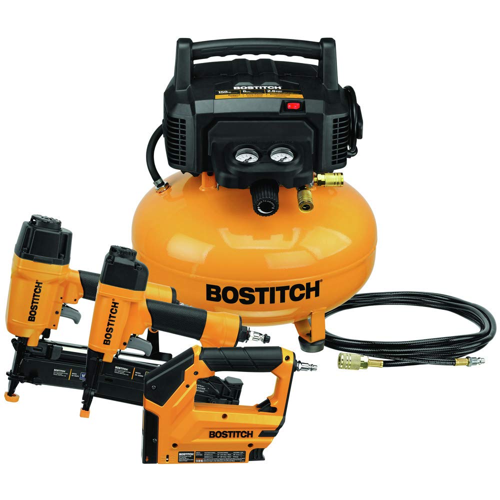BOSTITCH BTFP3KIT 3-Tool Air Compressor Combo Kit - Pneumatic Nail Gun, Brad Nailer & Stapler for Woodworking, Framing & DIY Projects
