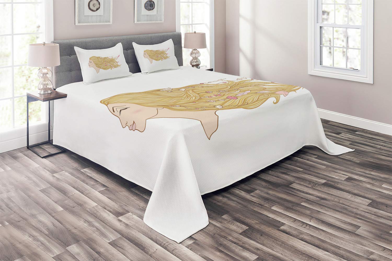 Ambesonne Bohemian 3-Piece Quilted Bedspread Set with 2 Pillow Shams - King Size Pale Peach, Brown & Pink Seashell Bead Design - Young Woman with Long Hair Hip Spring Fashion - Perfect for Bohemian Bedroom Decor, Guest Room Makeover or Coastal Themed Home