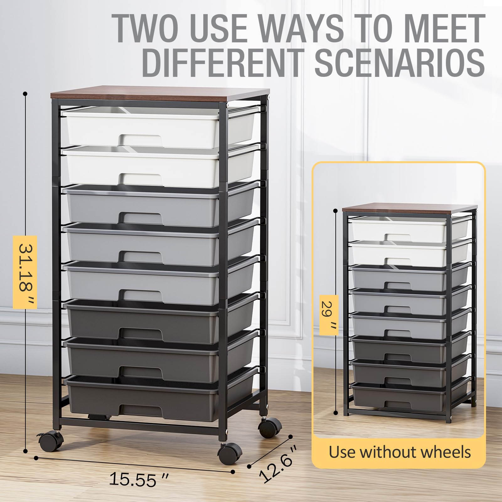8-Drawer Rolling Storage Cart with Wooden Top - Mobile Organizer for Office, Classroom & Craft Storage