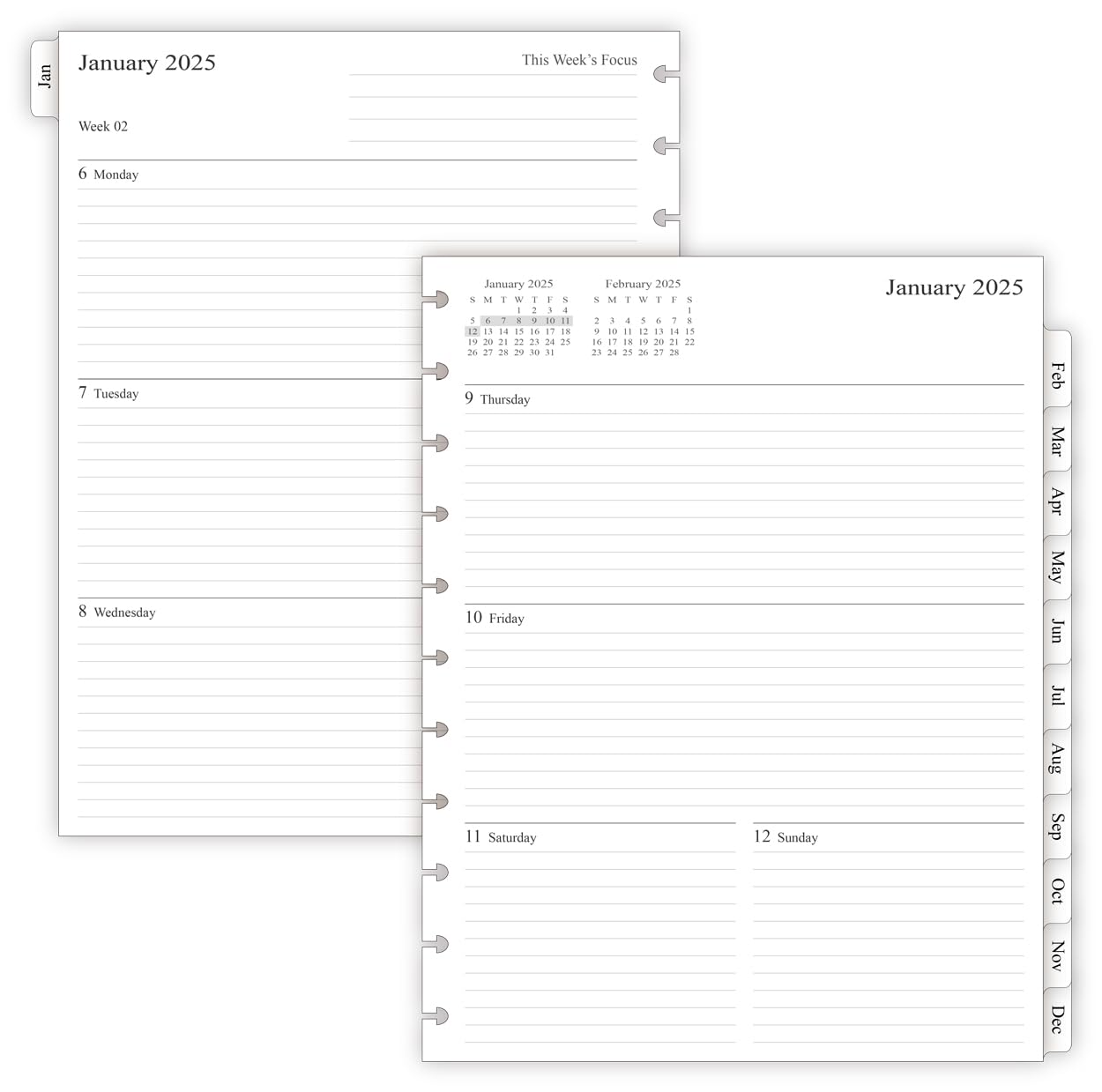 2025 Weekly Planner Refills for 11-Discbound Notebooks - Monthly Tabs, Letter Size 8.5