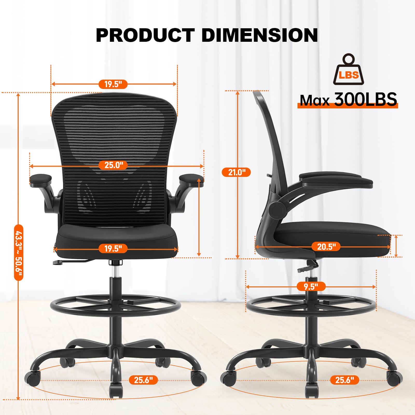 Synorla Ergonomic Drafting Chair - Adjustable Height Office Chair with Flip-Up Armrests, Breathable Mesh Back & Lumbar Support, Footrest Ring for Standing Desks - Perfect for Home Office, Studio & Architectural Workstations