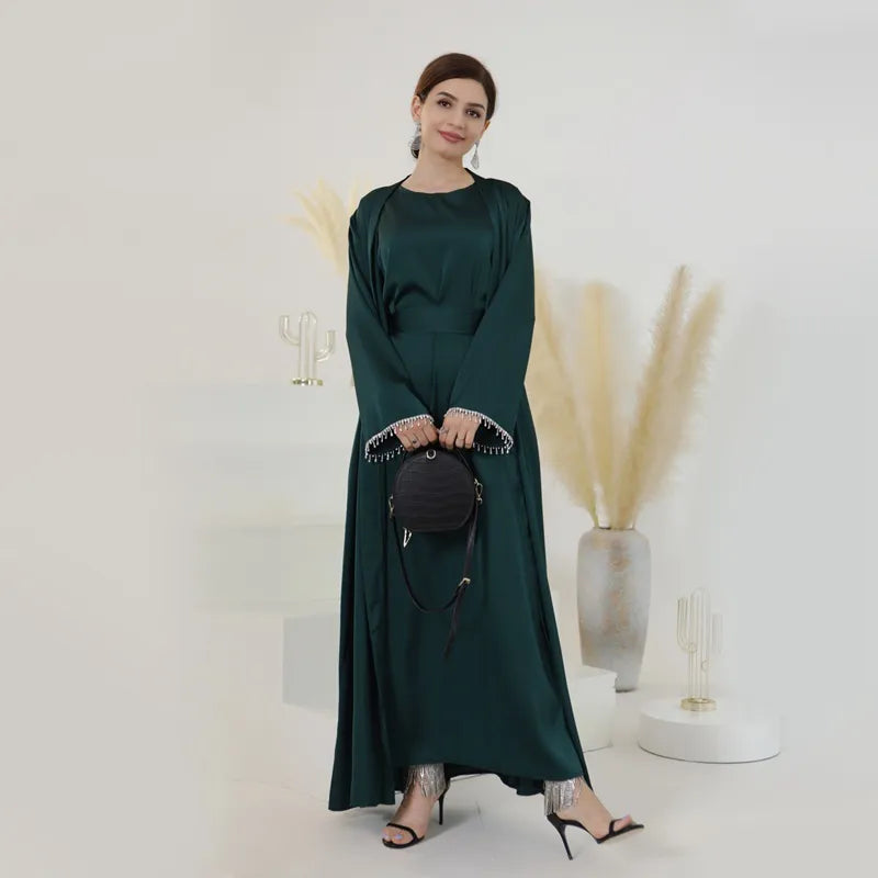Elegant Muslim Women's Beaded Sleeve Satin Cardigan Open Abaya Dress for Eid, Wedding, Party & Special Occasions - Perfect for Islamic Celebrations, Festivals and Formal Events