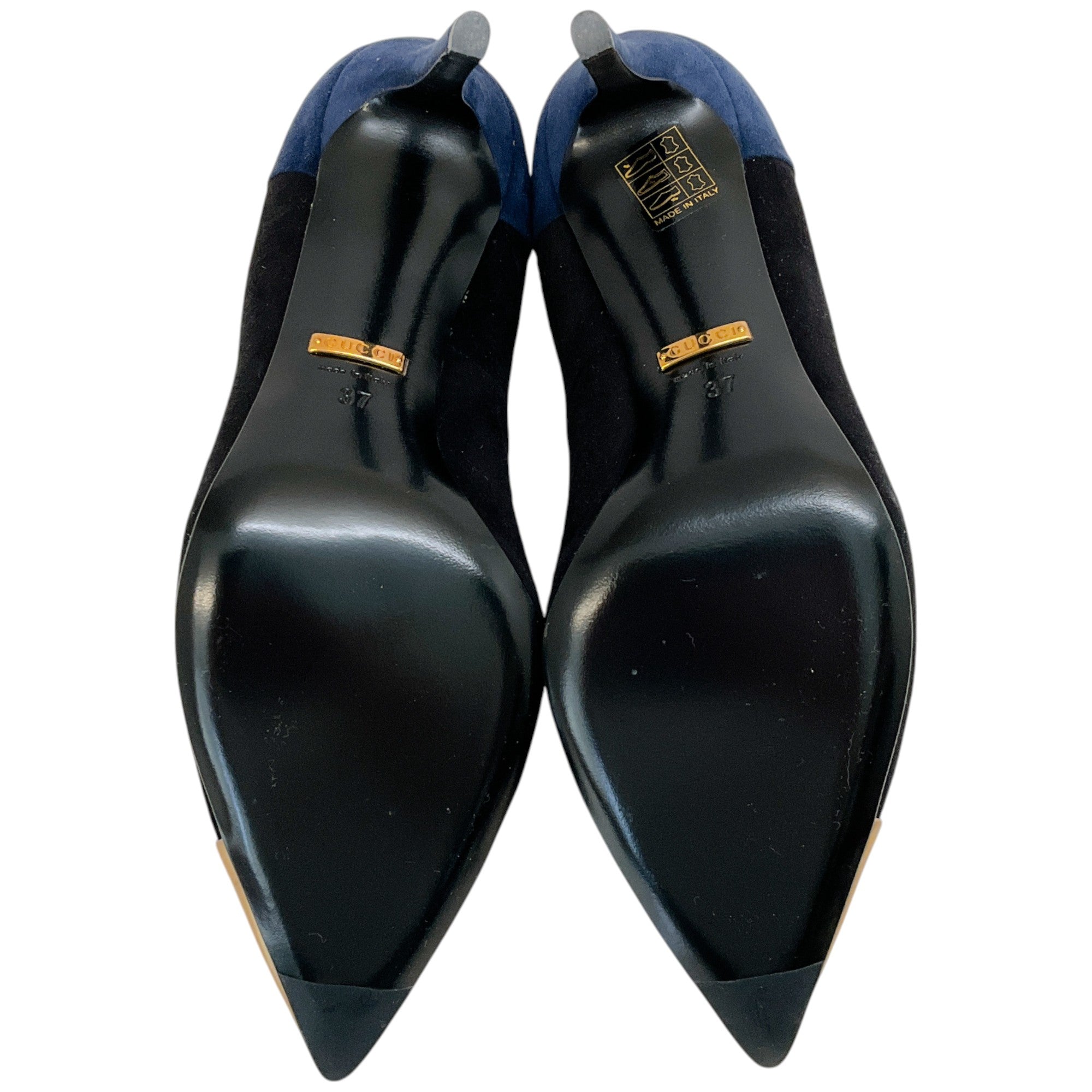 Gucci Black & Navy Suede Pumps with Gold Leather Cap Toe - Women's Luxury Dress Shoes for Parties, Weddings & Formal Events