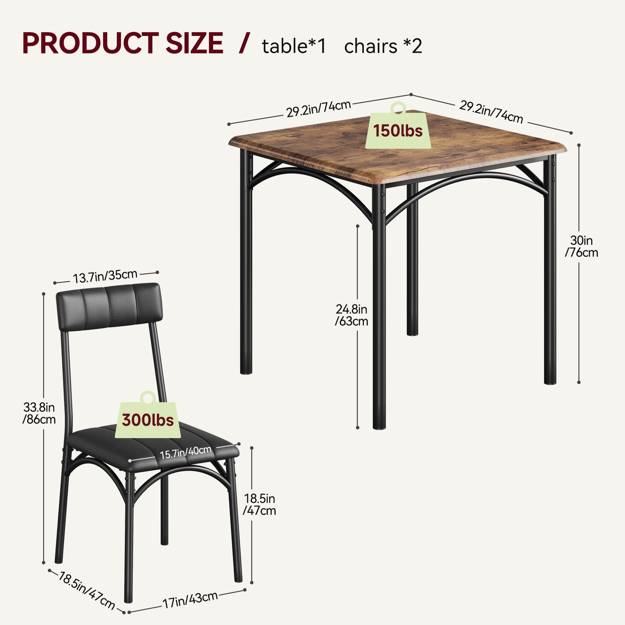 GARVEE 3-Piece Dining Table Set for 2 - Rectangular Kitchen Table & Chairs with Metal Frame & Wood Top - Brown Modern Dining Room Furniture for Small Spaces, Apartments, Breakfast Nook & Kitchenette