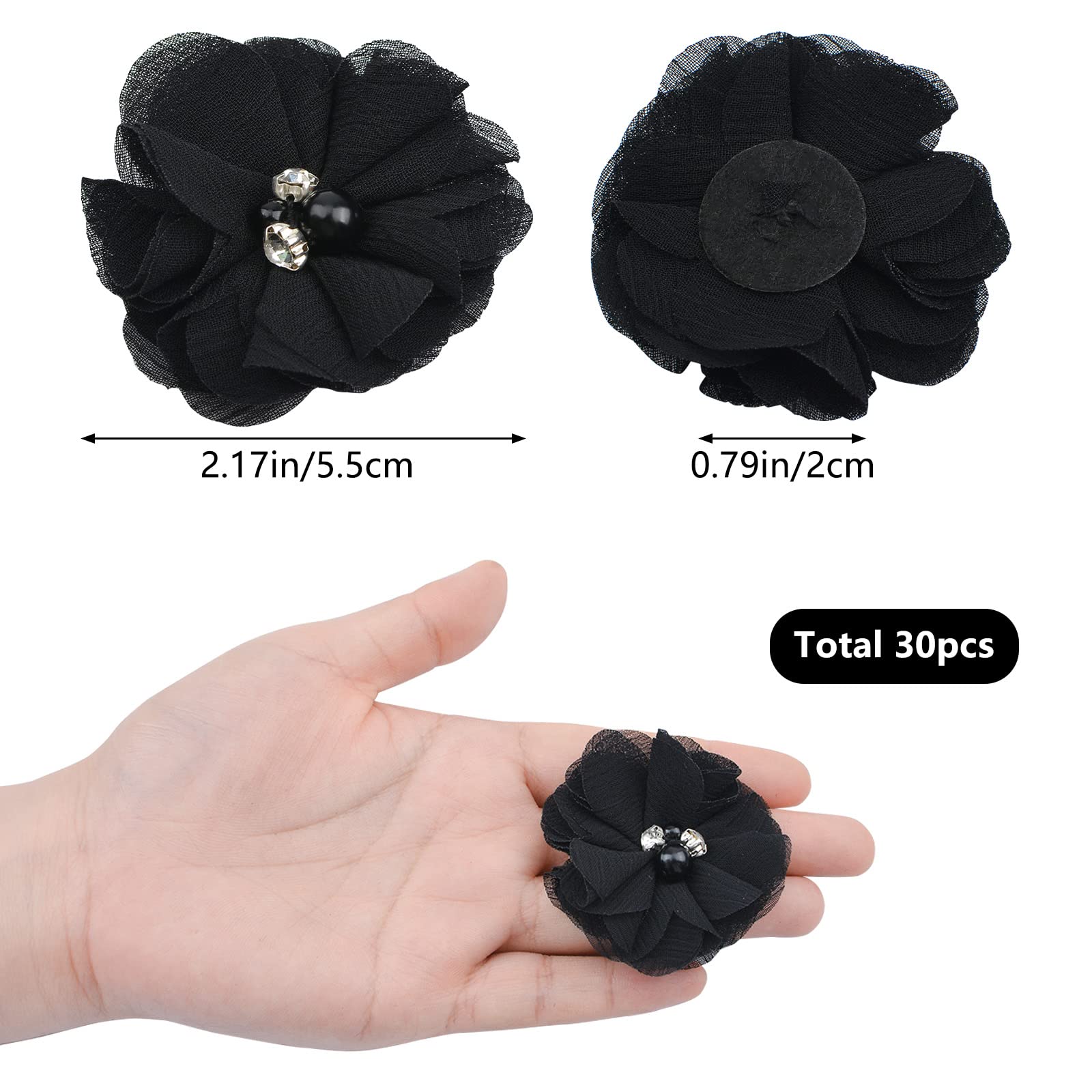 30PCS Black Pearl Chiffon Fabric Flowers for DIY Crafts - Sew On Appliques for Clothes, Headbands, Shoes & Hair Accessories | Perfect for Wedding Decor, Fashion Design & Costume Making
