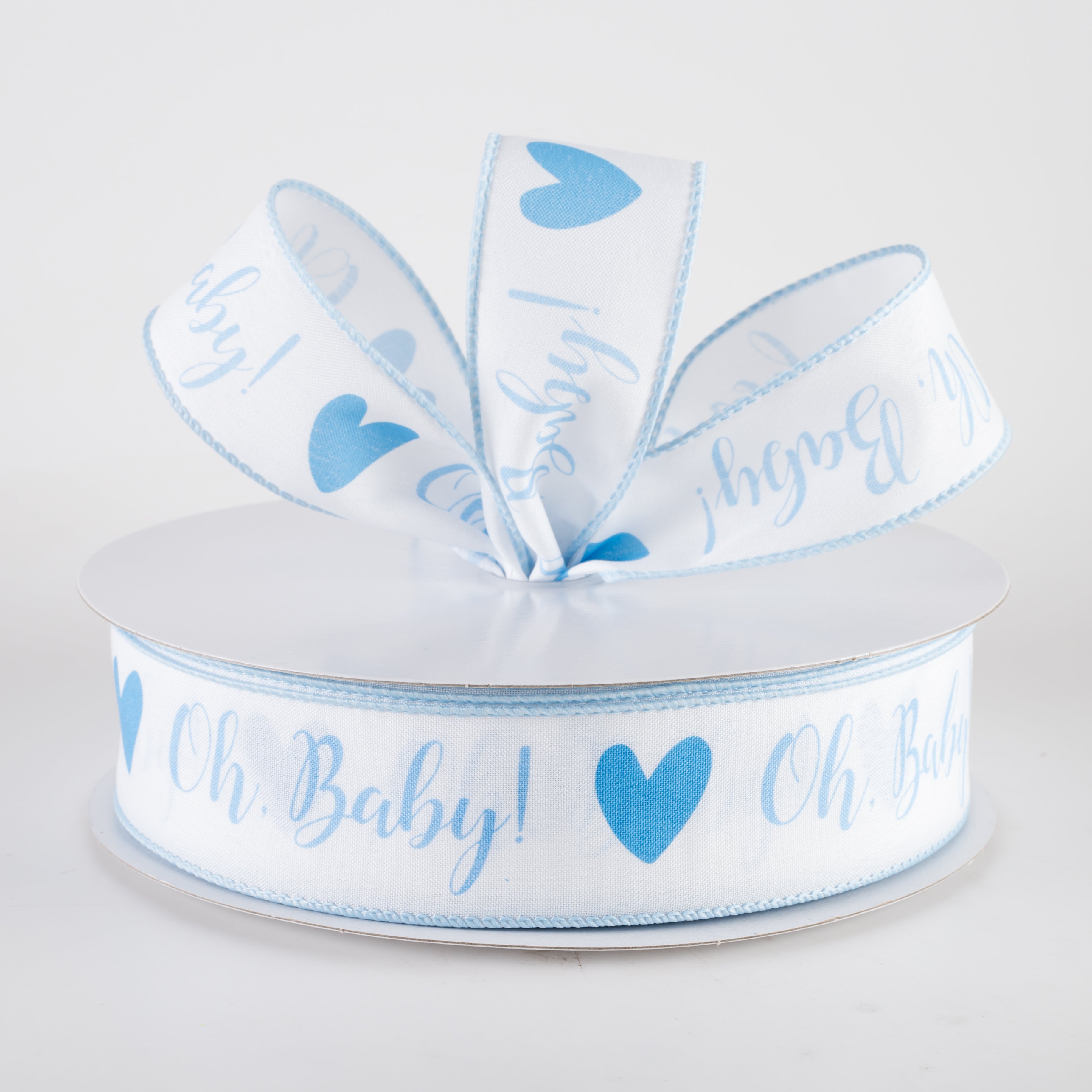 1.5 Inch Linen Oh, Baby! Heart Ribbon - White & Light Blue (50 Yards) - Perfect for Baby Showers, Gift Wrapping, and DIY Crafts