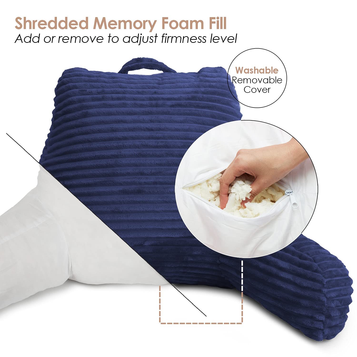 Clara Clark Plush Reading Pillow for Adults - Back Support Pillow with Arms & Pockets for Sitting in Bed, Shredded Foam Bed Rest Pillow (Navy) - Perfect for Reading, Watching TV, or Relaxing in Bed