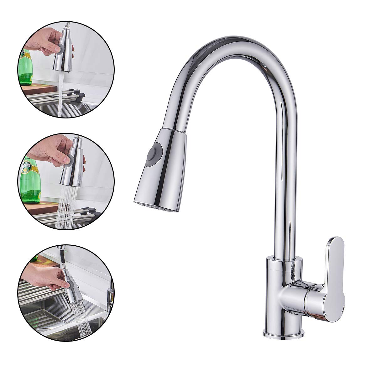 High-Quality Chrome Pull-Out Kitchen Faucet with Single Handle & Down Sprayer - Solid Brass Construction for Durability - Perfect for Modern Kitchen Sinks & Dishwashing