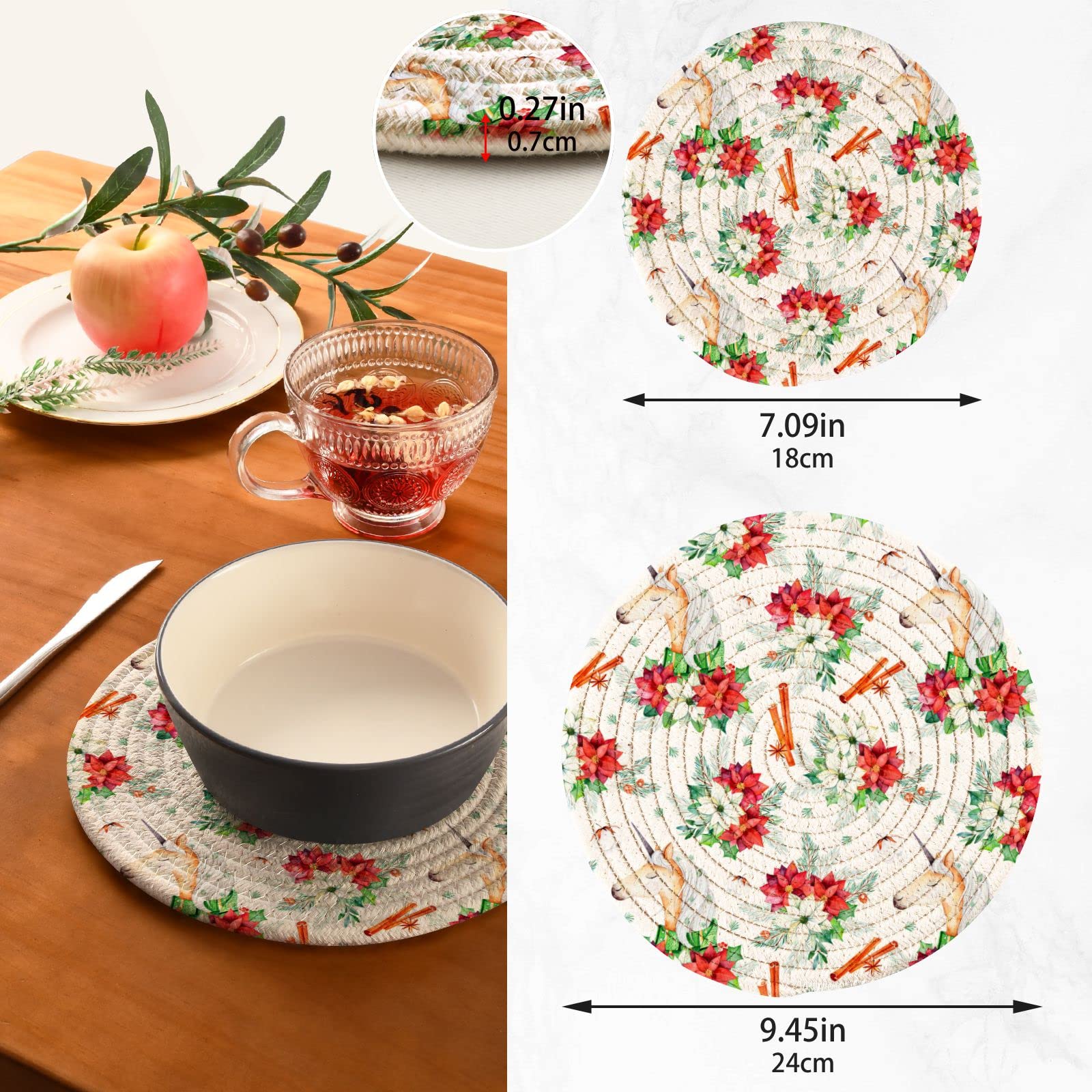 Christmas Unicorn Trivets Set of 2 - Heat Resistant Cotton Woven Hot Pads for Pots & Pans - Festive Red Poinsettia Pine Round Potholders - Perfect for Holiday Cooking, Baking & Table Setting