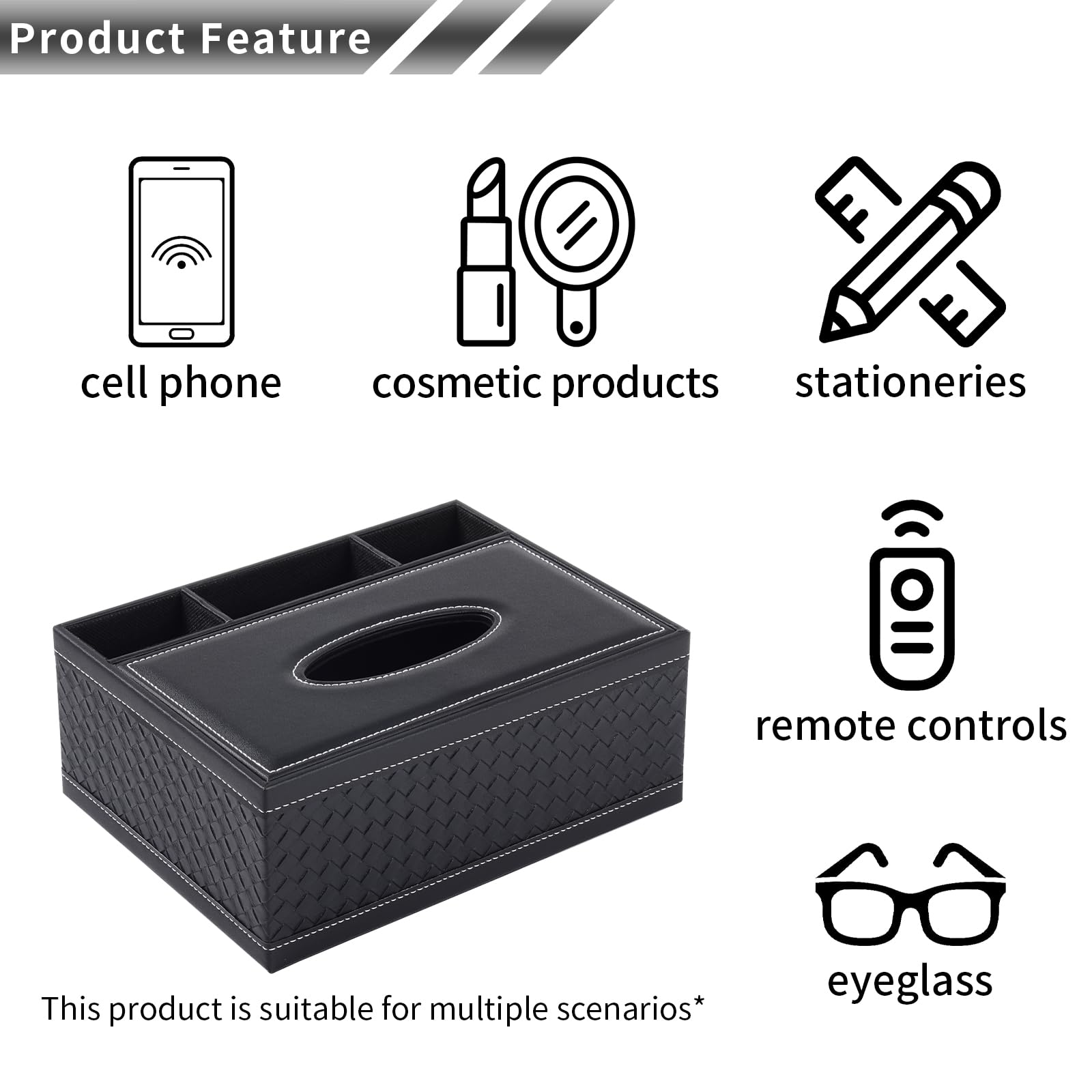 Premium PU Leather Rectangular Tissue Box Cover - Stylish Multifunctional Tissue Holder with Storage for Stationery & Remote Control | Decorative Organizer for Home, Office, Restaurant | Perfect for Living Room, Bedroom, Desk & Countertop Decor