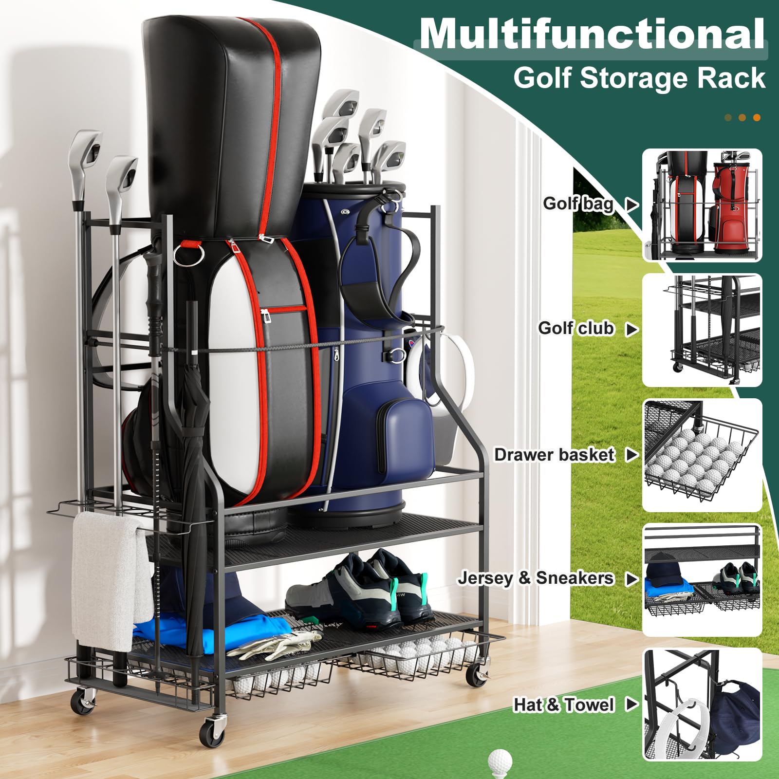 VOPEAK Golf Bag Stand & Organizer - Portable Golf Club Storage for Golf Balls & Equipment Accessories | Easy Assembly Golf Gear Organizer for Garage, Home & Golf Course Use