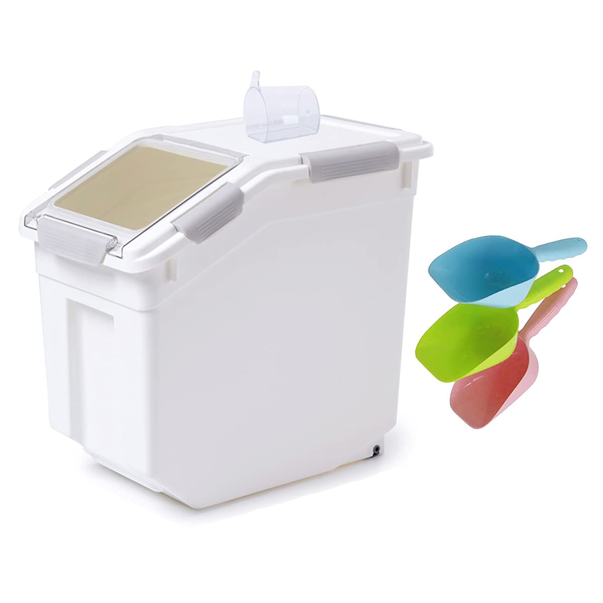 MXCELL Airtight Pet Food Storage Container with Scoop & Measuring Cup - Large Sealed Grain Bin for Dog & Cat Food - Durable Feeder with Interlayer Storage (Upgraded Gray) - Perfect for Kitchen Pantry & Pet Feeding Station Organization