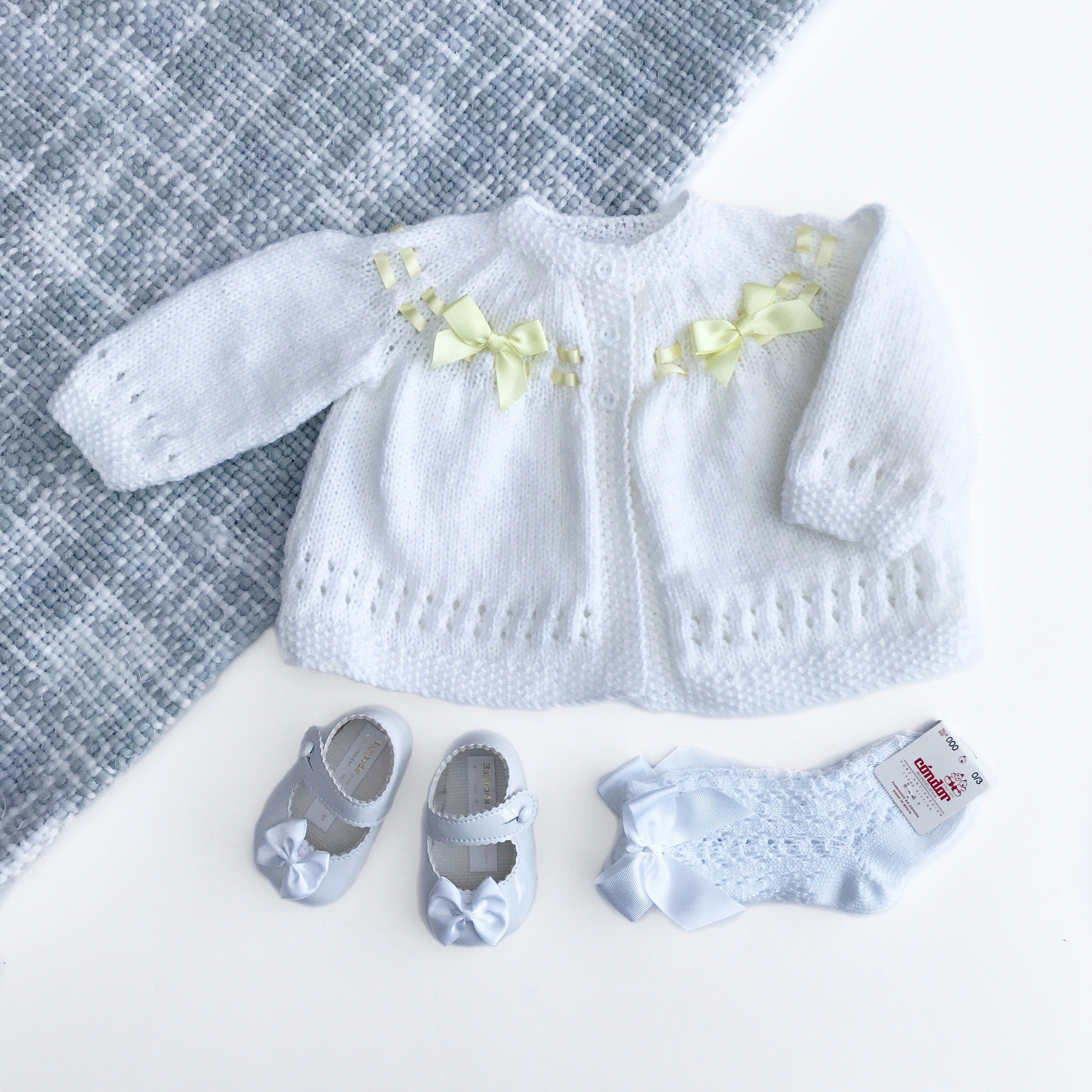 Custom White Matinee Jacket with Yellow Bows for Baby Girls - Perfect for Christening, Photography & Special Occasions