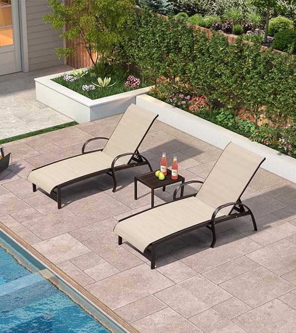 PURPLE LEAF Outdoor Chaise Lounge Chair Set of 3 - Patio Pool Loungers with Side Table, Adjustable Recliner in Light Khaki - Perfect for Backyard, Deck, Garden, Beach & Poolside Relaxation