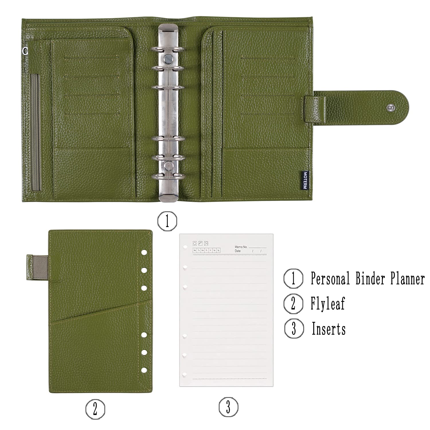 Moterm Personal Luxe Rings Planner - Genuine Leather Binder Organizer with 30mm Rings (Pebble-Olive) | Perfect for Daily Planning, Journaling & Productivity | Office, School & Home Use