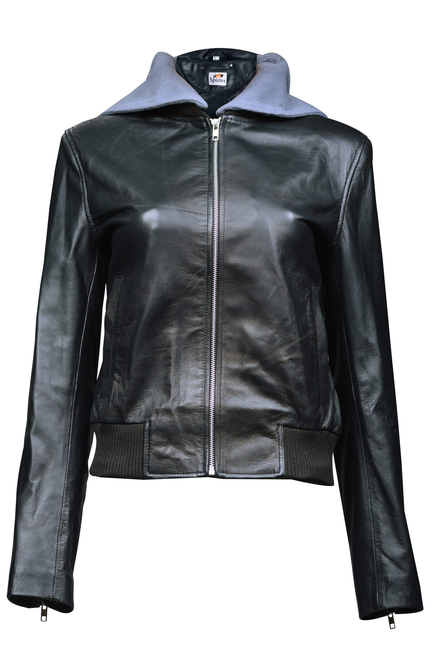 Spirit Black & Gray Hooded Bomber Jacket - Genuine Leather, Missy Plus Size - Stylish Outerwear for Women, Perfect for Casual Outings & Cool Weather