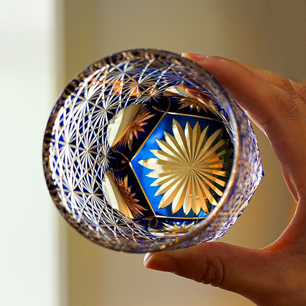 Premium Edo Kiriko Royal Blue Star Chrysanthemum Whisky Glass - Handcrafted Japanese Cut Crystal Tumbler for Whiskey, Cocktails & Tea - Elegant Barware & Gift for Home Entertaining