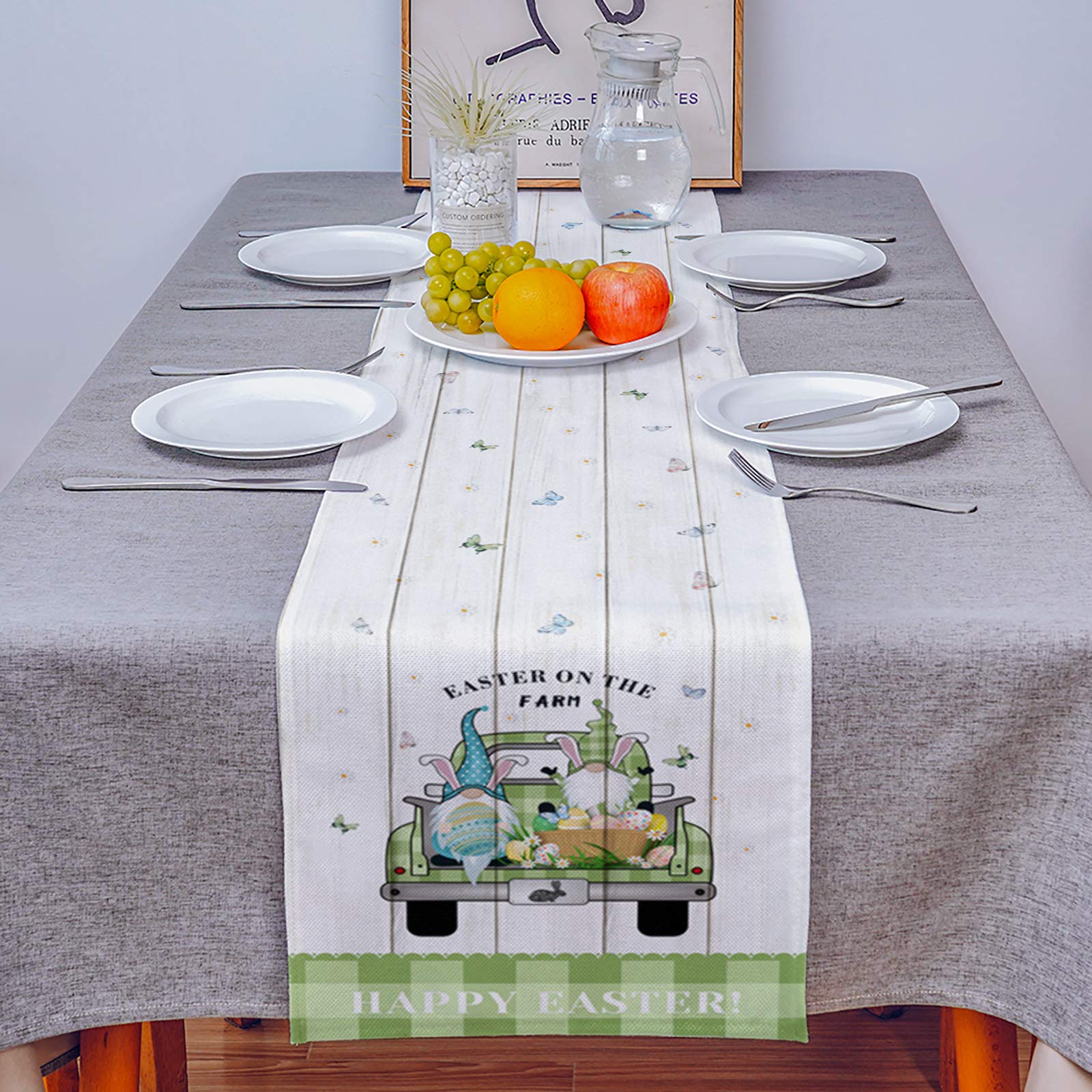 Easter Table Runner - 13x90 Inch Cotton Linen Non-Slip Tablecloth with Easter Egg, Bunny Ears & Gnome Designs in Green Check Plaid - Perfect for Spring Holiday Decor, Dining Table Centerpiece, and Easter Party Table Setting