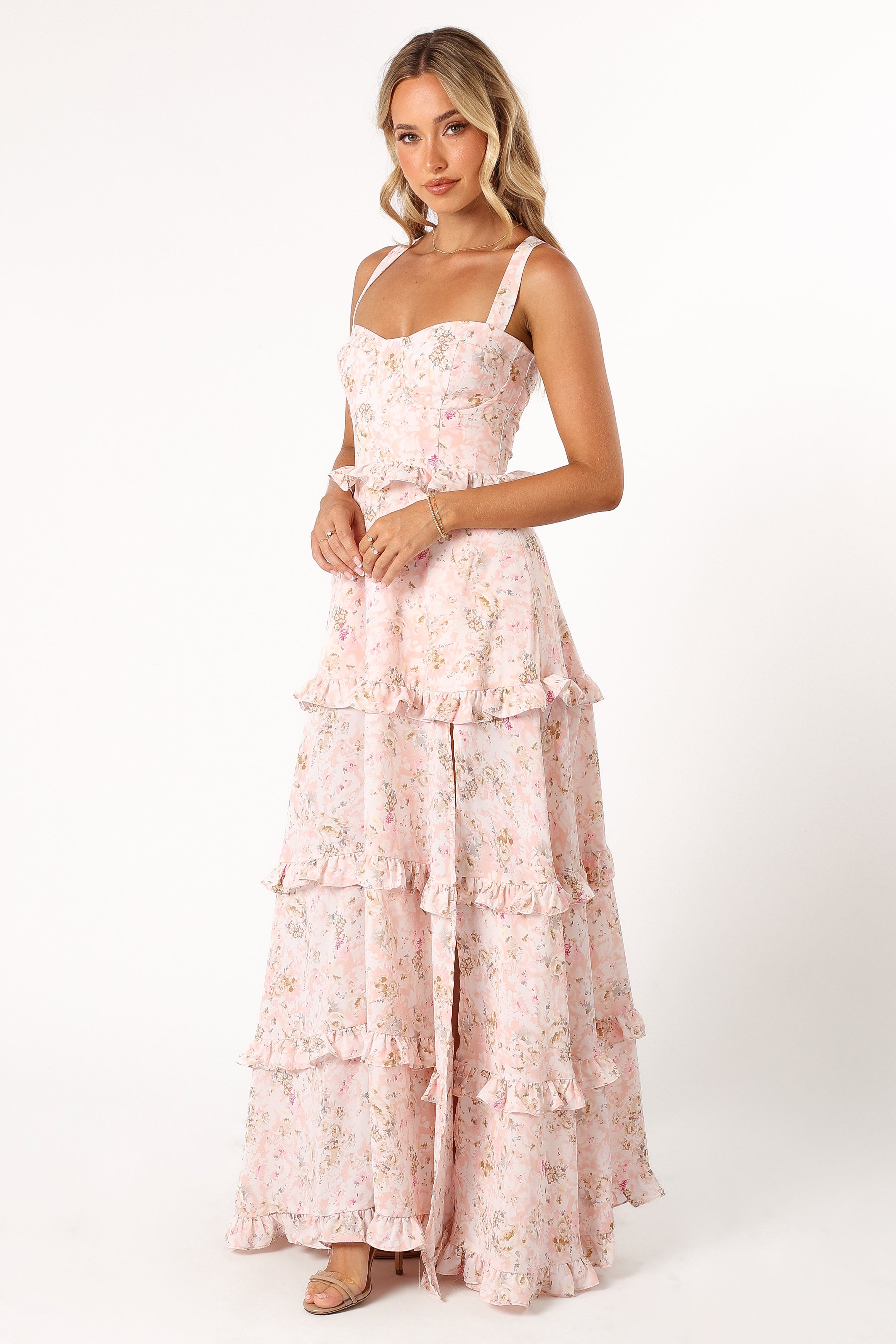 Lillee Women's Pink Floral Tiered Maxi Dress - Elegant Summer Beach Dress for Vacation, Party & Casual Wear
