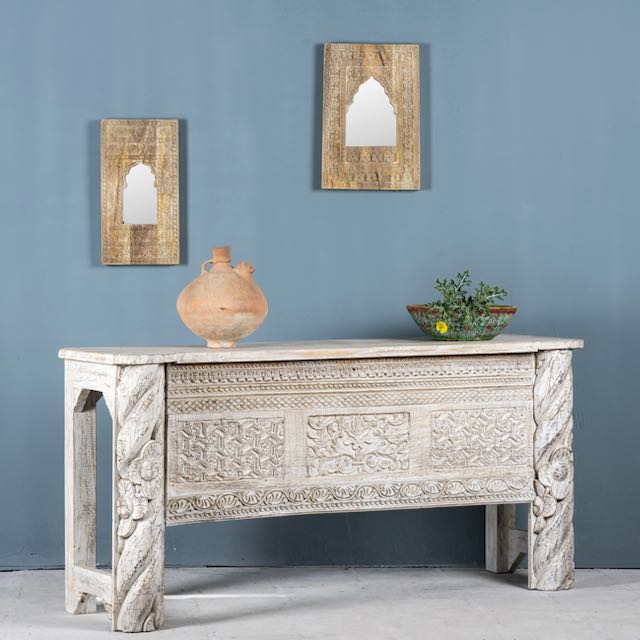Hand Carved Reclaimed Wood Console Table - Distressed Whitewash Finish Farmhouse Entryway Sofa Table for Living Room, Hallway & Dining Room Decor