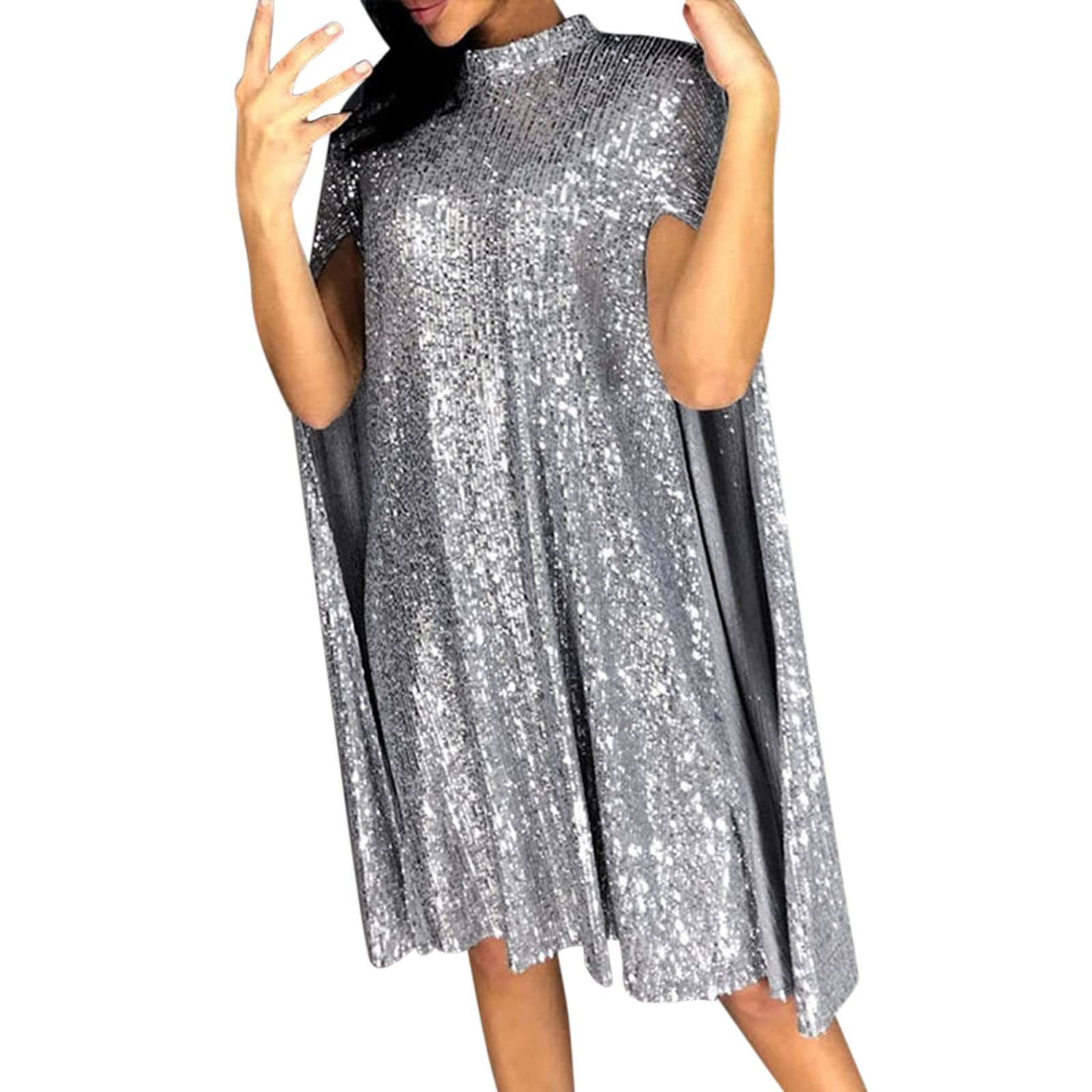 Elegant Sequin Satin Dress for Women - High Neck Waist Solid Color Cloak Style Gown for Wedding Guest, Party, and Special Occasions