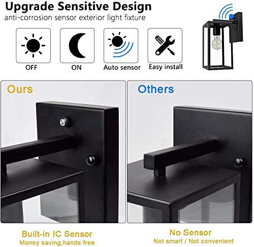 40W Outdoor/Indoor Wall Sconce with Dusk-to-Dawn Sensor - Matte Black Rust-Resistant Wall Lantern with Clear Glass Shade - Perfect for Garage, Doorway, Entryway, Patio & Backyard Lighting