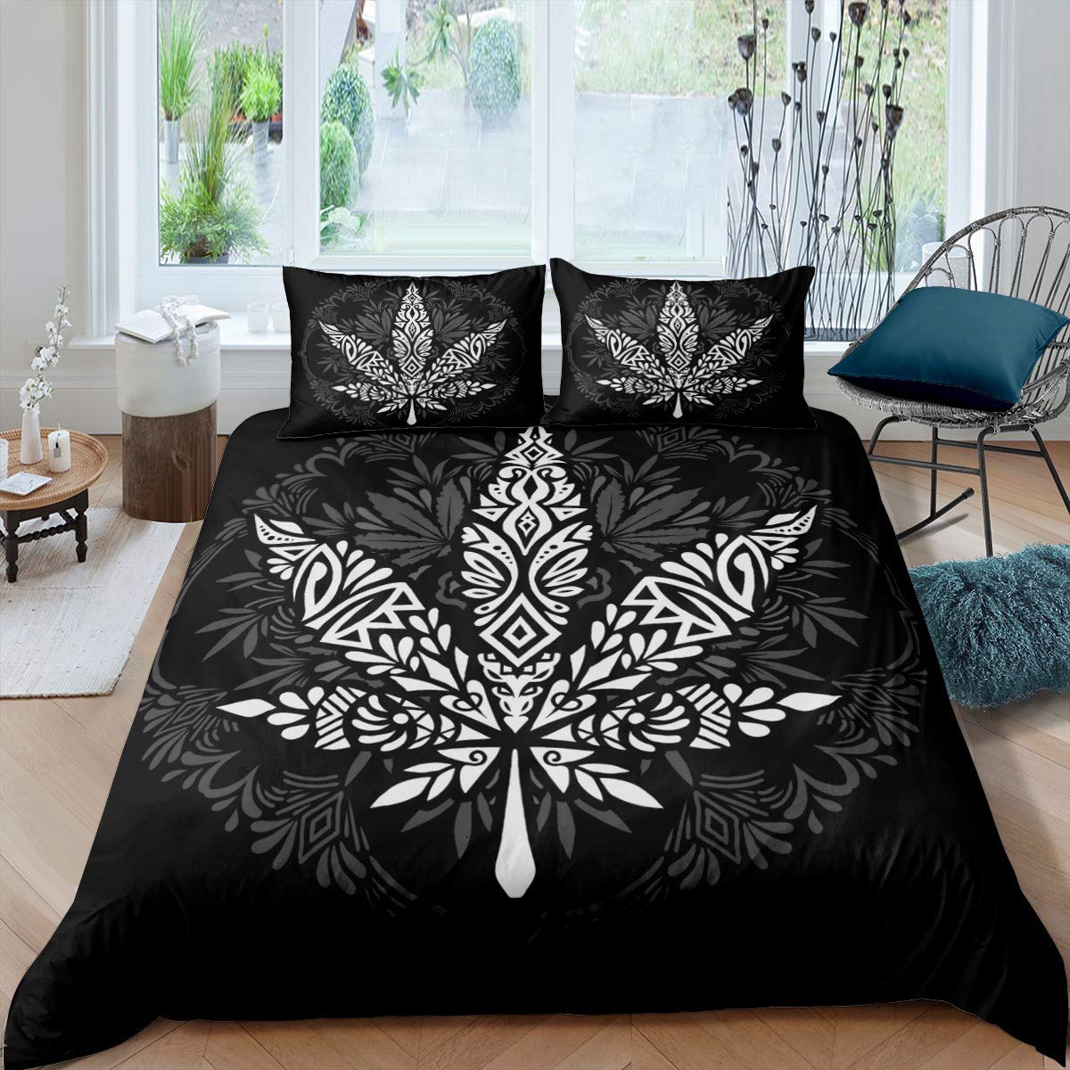 Bohemian Marijuana Leaf Duvet Cover Set - 2Pcs Twin Size Black Cannabis Themed Bedding with Mandala Design for Adults | Perfect for Stoner Bedroom Decor, Hippie Style Home & Boho Chic Dorm Room