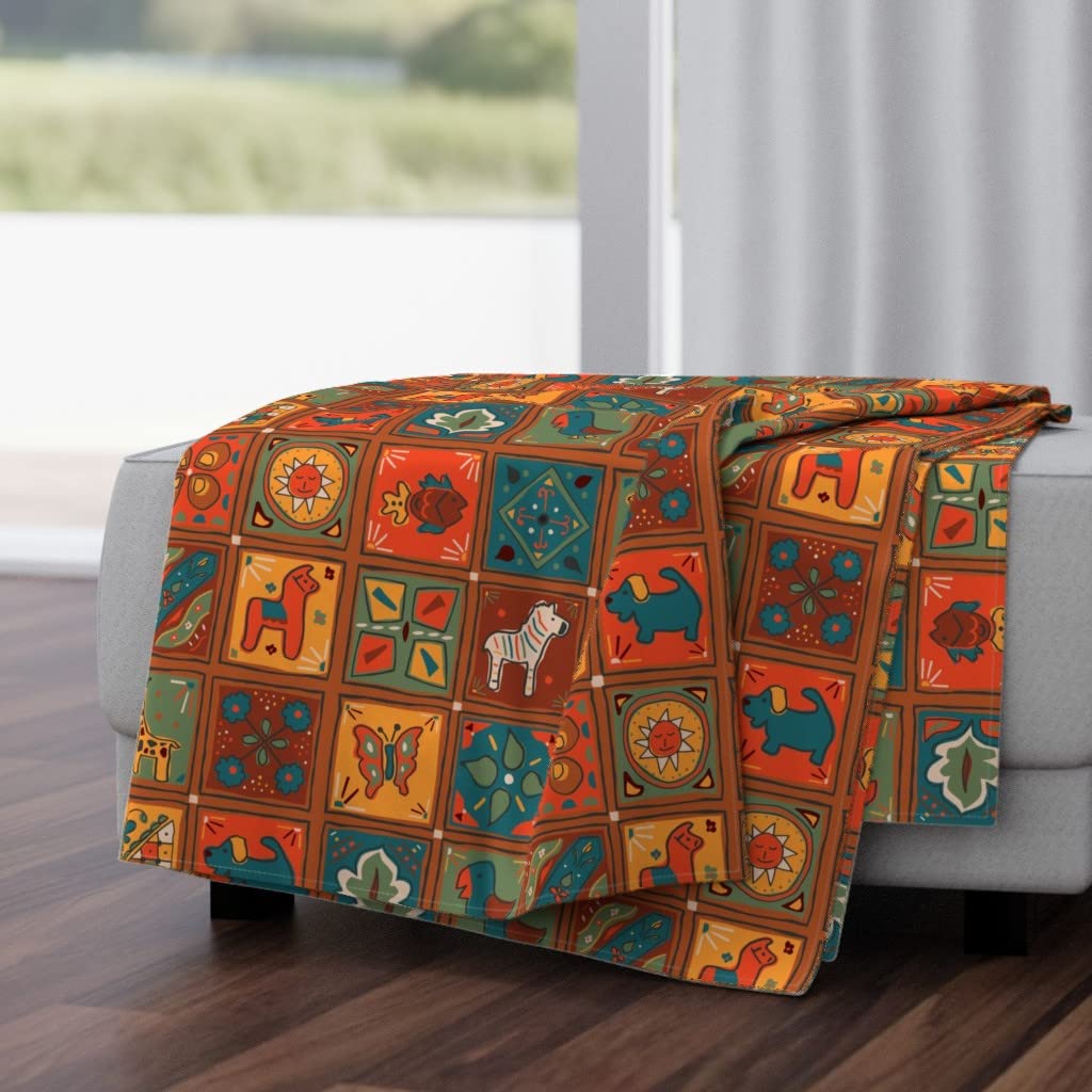 Soft Plush Minky Throw Blanket 50x70 Inches - Mexican Tile Animal Squares Print for Kids, Birthday Gifts & Cozy Home Decor | Perfect for Sofa, Bed & Nursery