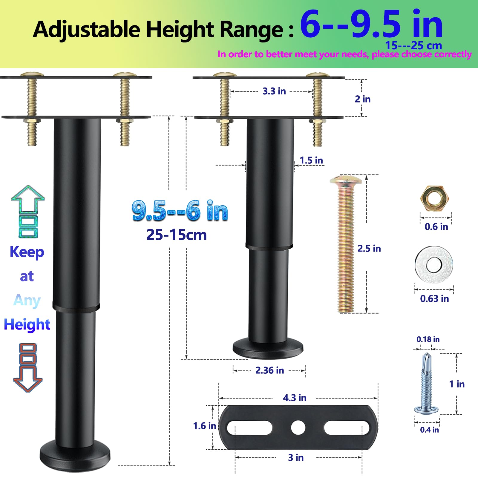 Adjustable Bed Support Legs 6-9.5 Inch 4-Pack - Heavy Duty Metal Risers for Frames, Box Springs, Platform Beds & Slats - Easy Installation Black - Perfect for Bedroom Furniture Support & Mattress Elevation