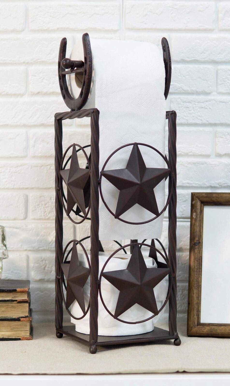 Vintage Western Rustic Cast Iron Toilet Paper Holder with Lone Star & Horseshoe Design - Farmhouse Bathroom Decor for Home, Cabin, or RV - Perfect for Rustic, Country, or Western Style Bathrooms (wrvn-f-1257)