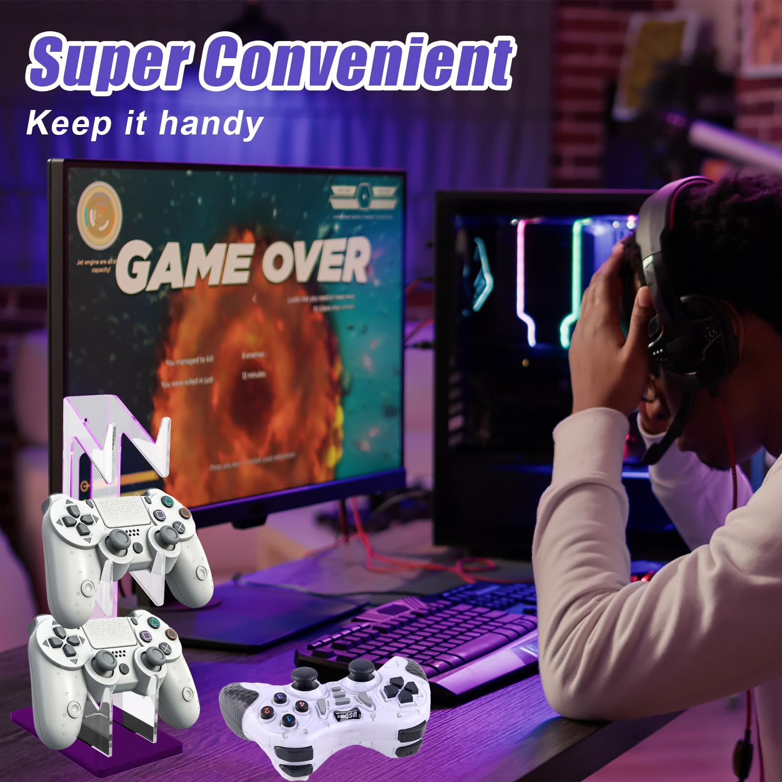 2 Pack Acrylic Headphone Stand with 3-Tier Gaming Controller Holder - Universal Headset Stand for Xbox ONE, PS5, PS4, Switch - Perfect Gaming Gear Organizer for Desk Accessories - Ideal for Gamers & Streamers