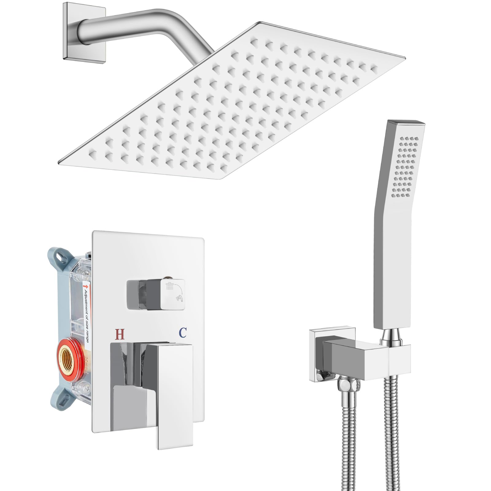 Gotonovo 8 Inch Rainfall Shower System - Wall Mounted Shower Head and Handle Combo with Solid Brass Pressure Balancing Mixer Valve in Polished Chrome - Perfect for Luxurious Spa-Like Bathroom Experience