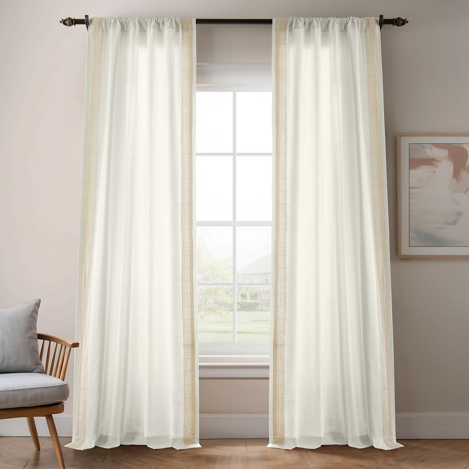 Ridge Lattice White Bordered Modern Hampton Textured Cotton Light Filtering Curtains - Elegant Window Treatment for Living Room, Bedroom & Office